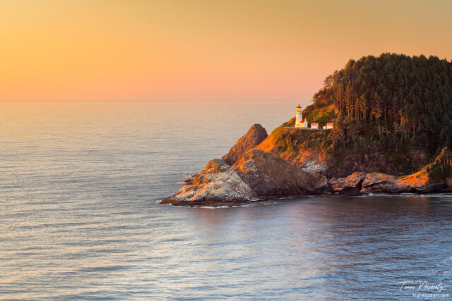 Evening light on the historic Heceta Head Lighthouse on the Oregon Coast, Oregon, USA