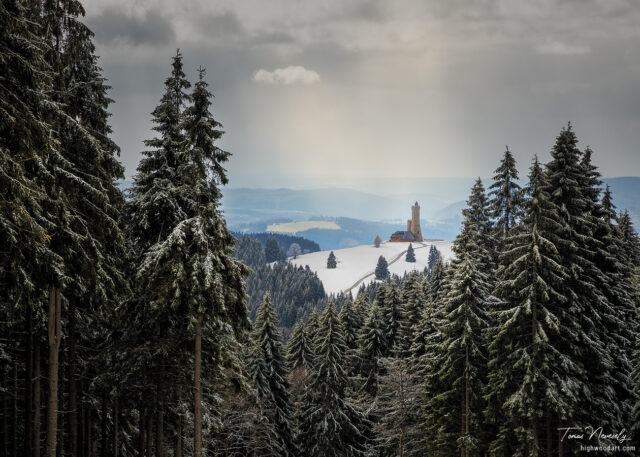 Majestic winter landscape with snowy forest and hilltop tower