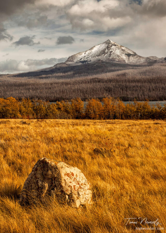 A rock in a meadow on a autumn day along the Going to the Sun Road near St. Mary lake in Glacier National Park, Montana, USA