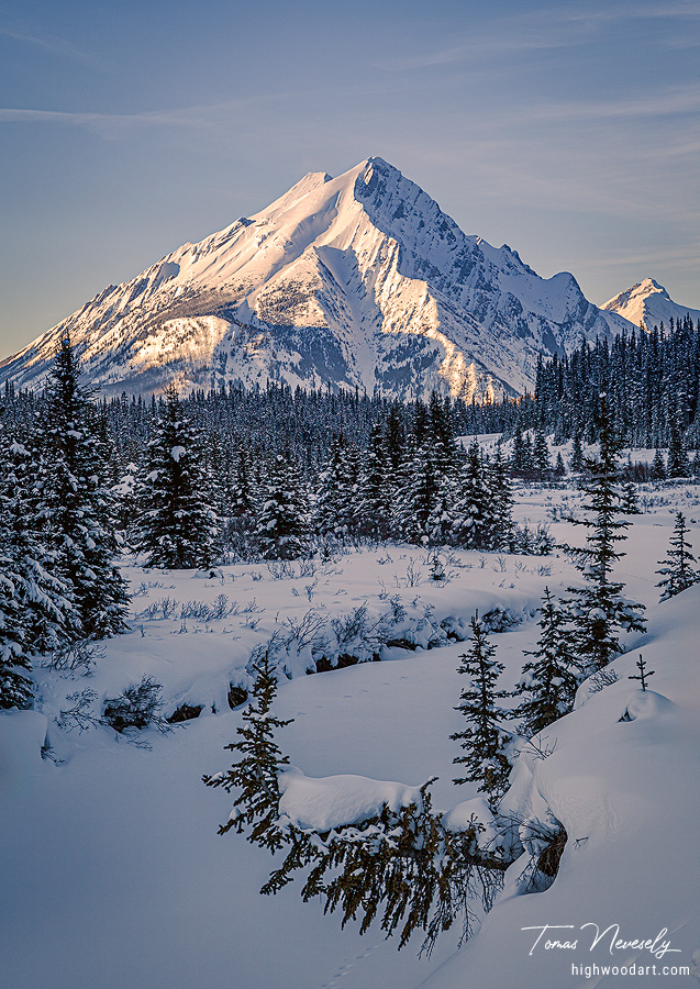 Majestic winter mountain at sunset, Kananaskis, Alberta, Canada