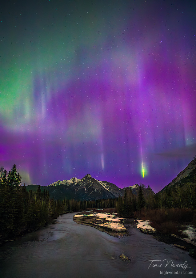 Mesmerizing aurora borealis over snowy mountains, Kananaskis, Alberta, Canada