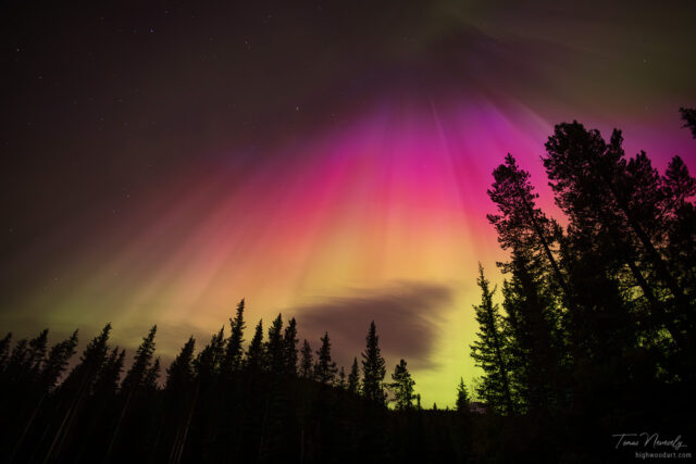 Mesmerizing aurora borealis over snowy mountains, Kananaskis, Alberta, Canada